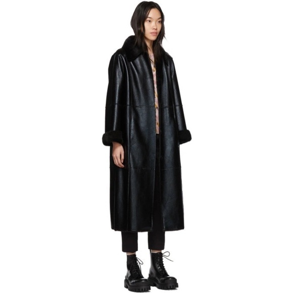 ANTHROPOLOGIE STAND STUDIO Nino Black Faux Leather Fur Lined Snap Front Coat - Picture 2 of 16